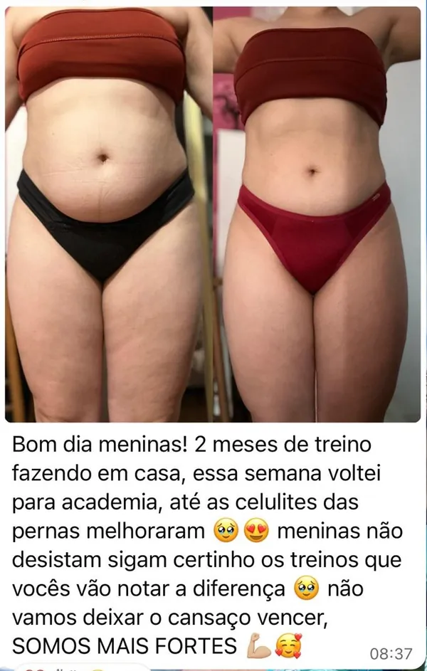 Mensagem de aluna com antes e depois após 2 meses de treino em casa
