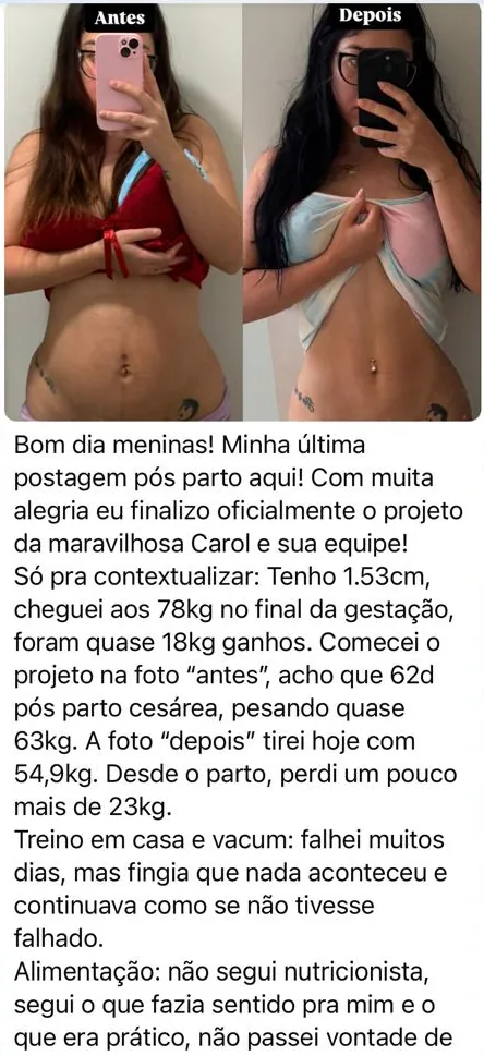 Mensagem de aluna pós-cesárea contando que perdeu mais de 23 kg desde o parto